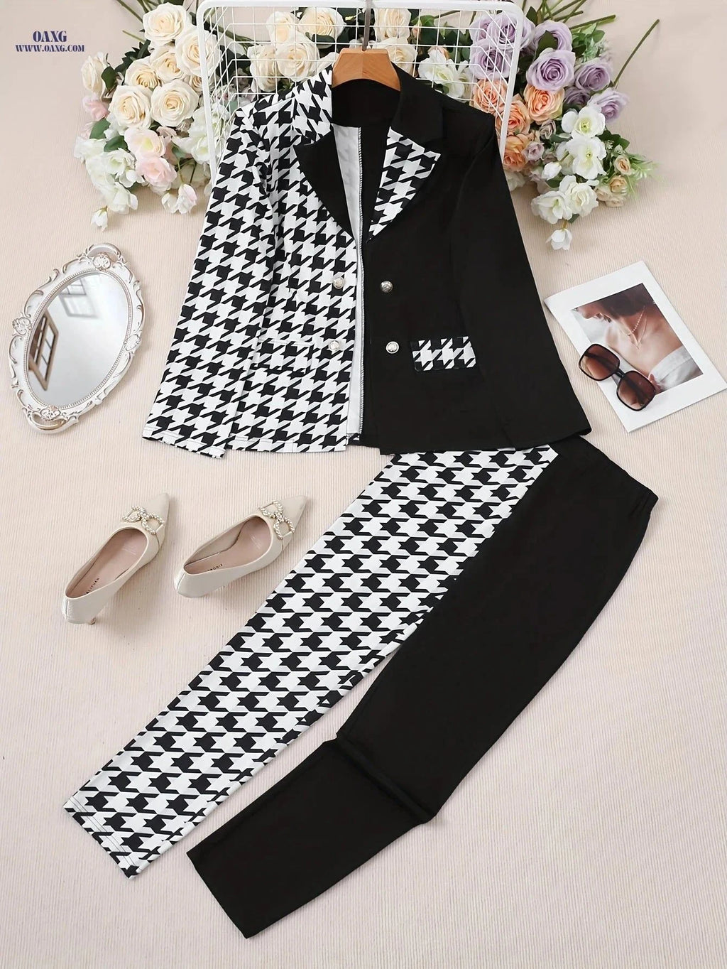 Elegant Women's Casual Fashion Suit Set - Houndstooth Design   OAXG Black / S
