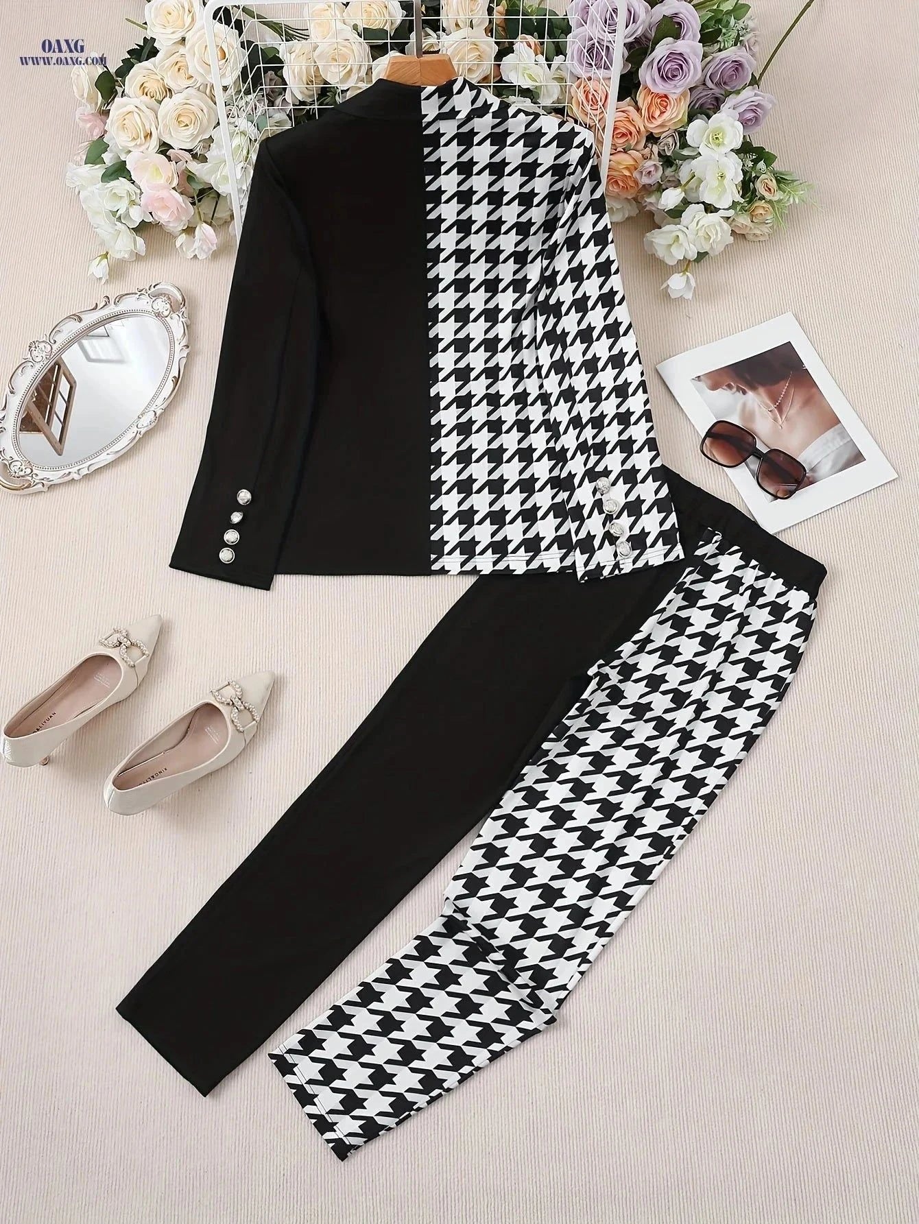 Elegant Women's Casual Fashion Suit Set - Houndstooth Design   OAXG Black / S