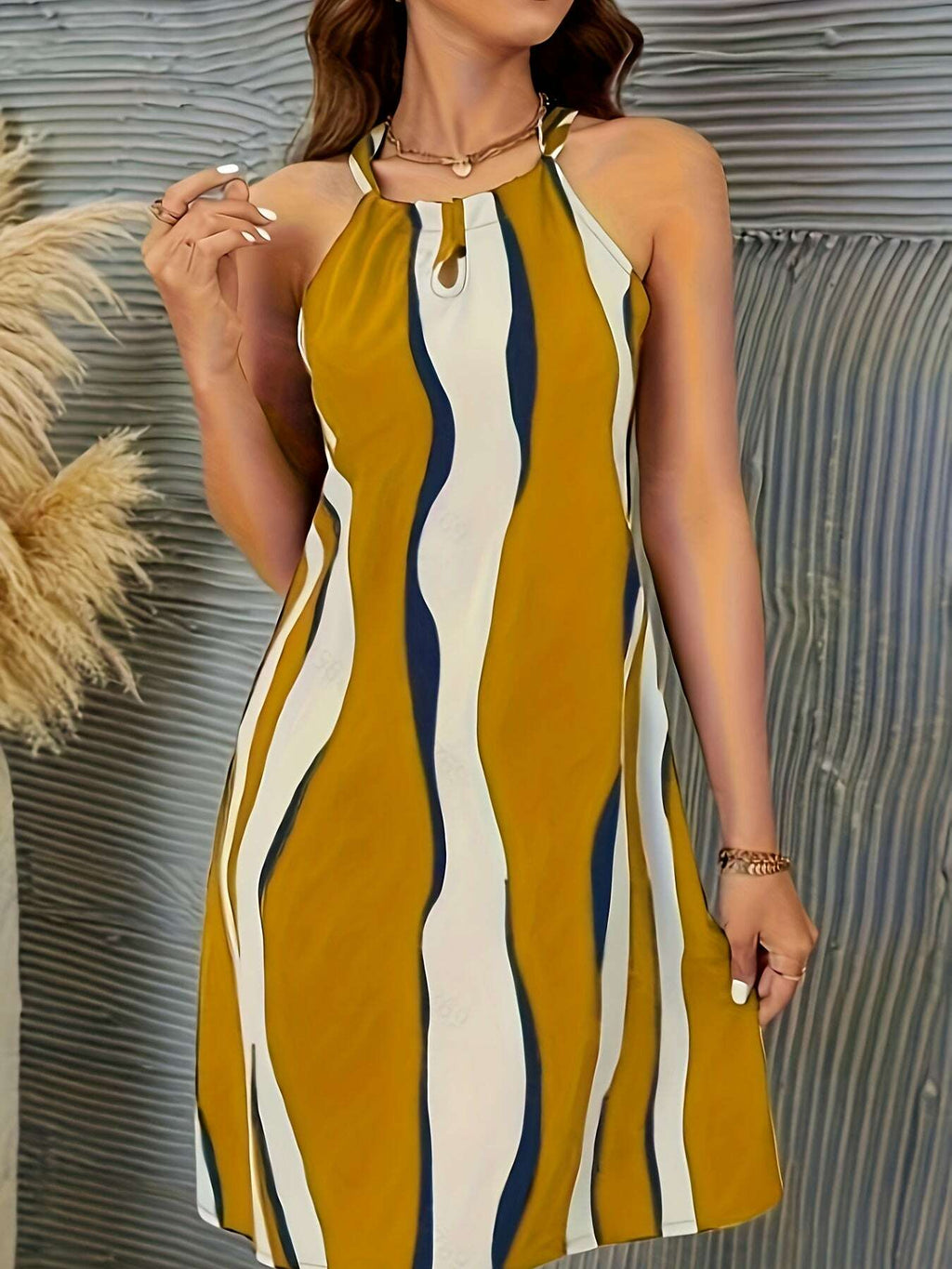 Elegant Women's Casual Geometric Print Tie-Back Dress | Sleeveless Style   OAXG 
