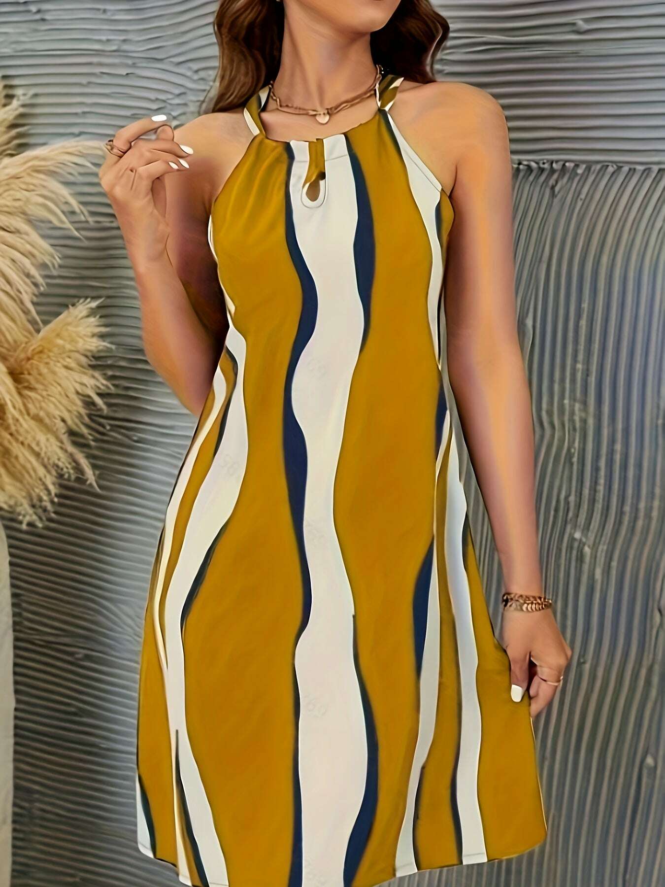 Elegant Women's Casual Geometric Print Tie-Back Dress | Sleeveless Style   OAXG 