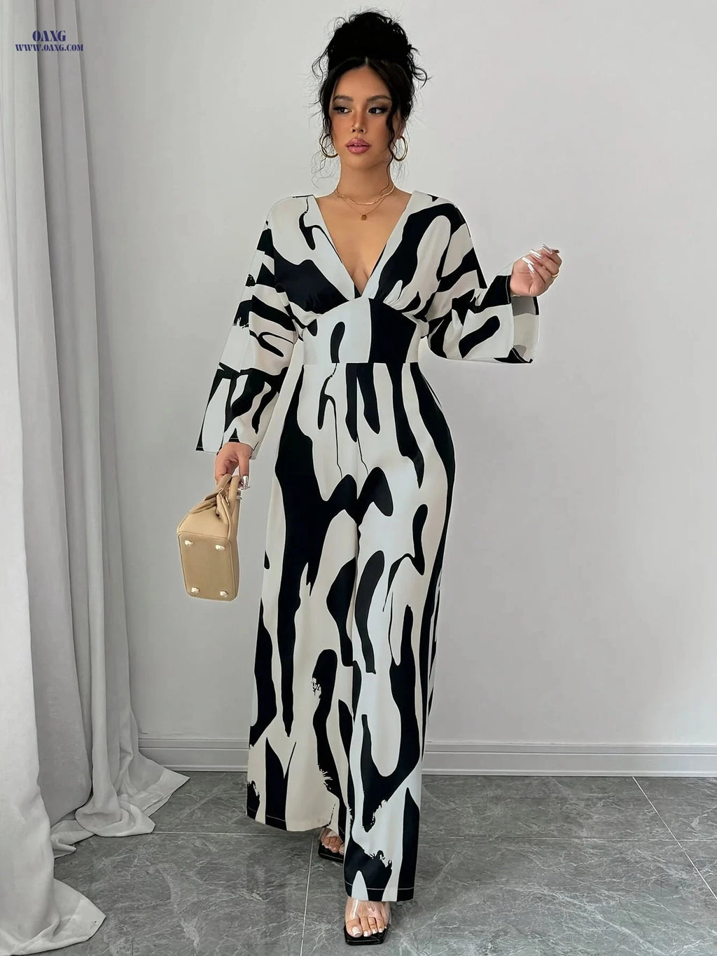 Elegant Women's Casual Jumpsuit - Black and White Print for Summer   OAXG Mixed colors / S