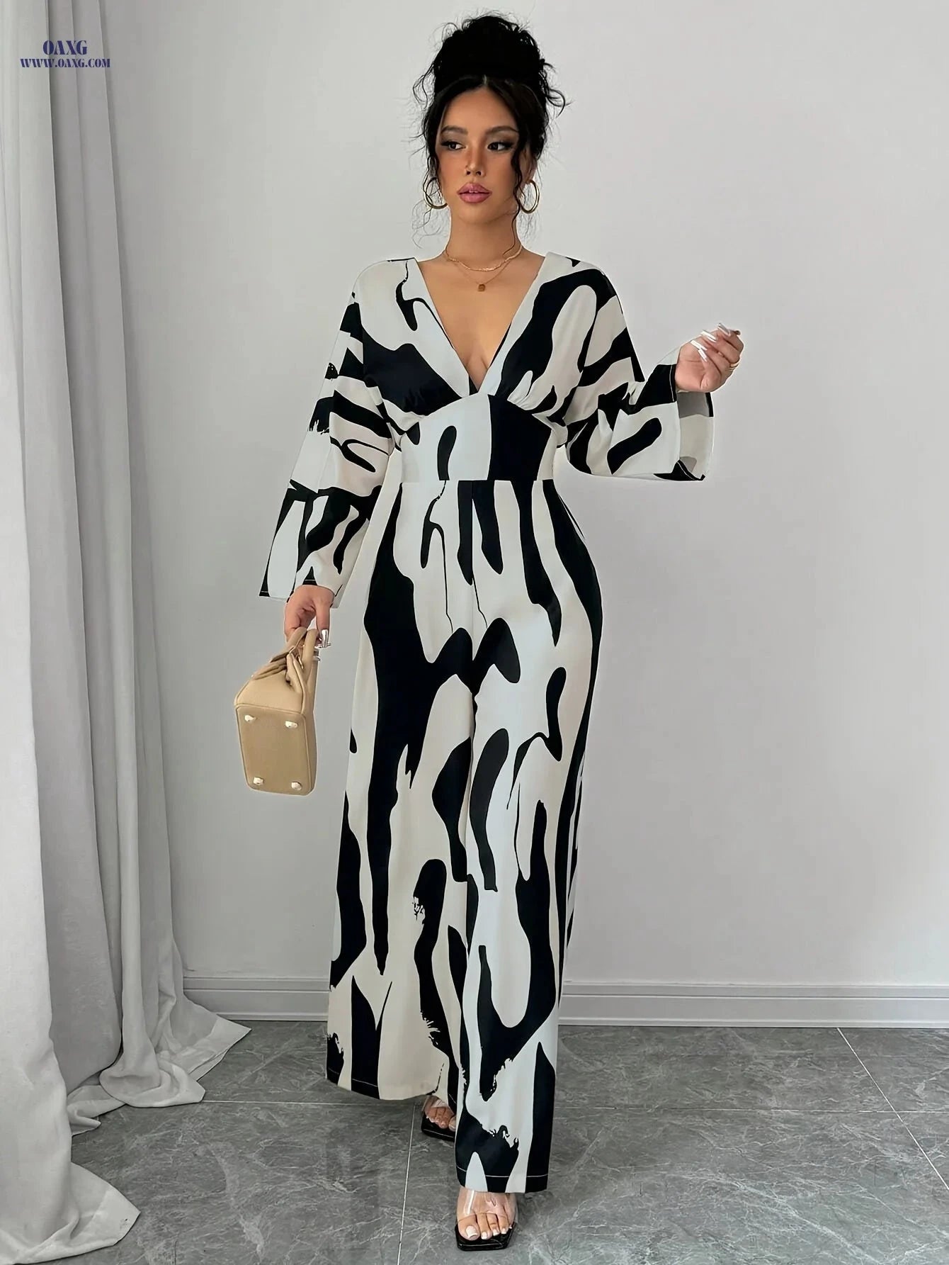 Elegant Women's Casual Jumpsuit - Black and White Print for Summer   OAXG Mixed colors / S