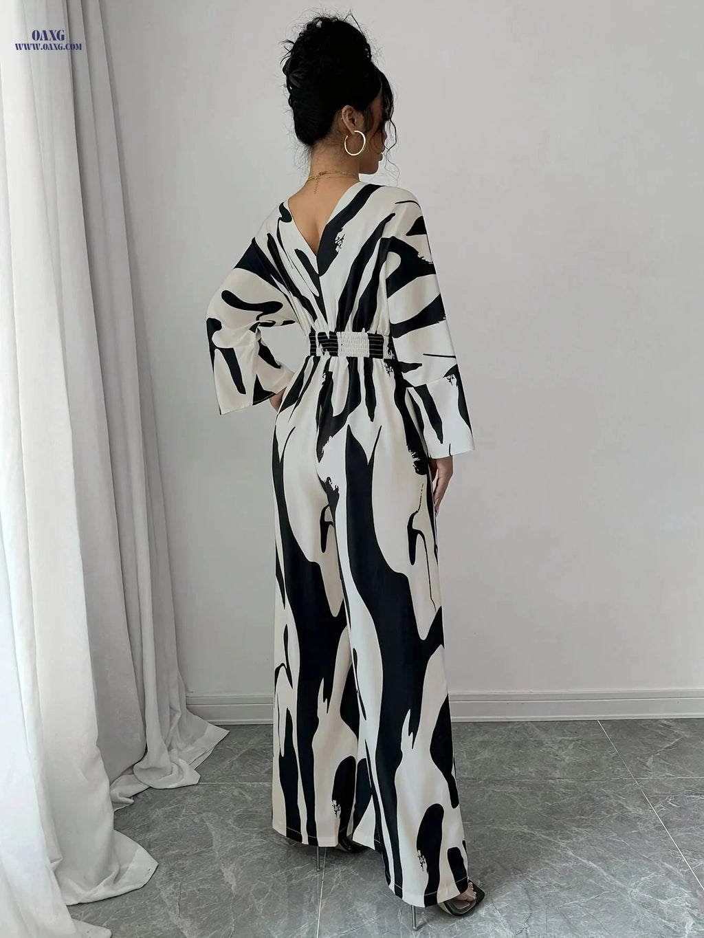 Elegant Women's Casual Jumpsuit - Black and White Print for Summer   OAXG Mixed colors / S