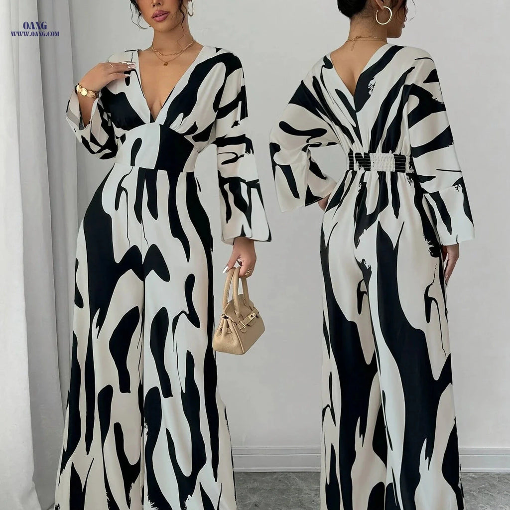 Elegant Women's Casual Jumpsuit - Black and White Print for Summer   OAXG Mixed colors / S
