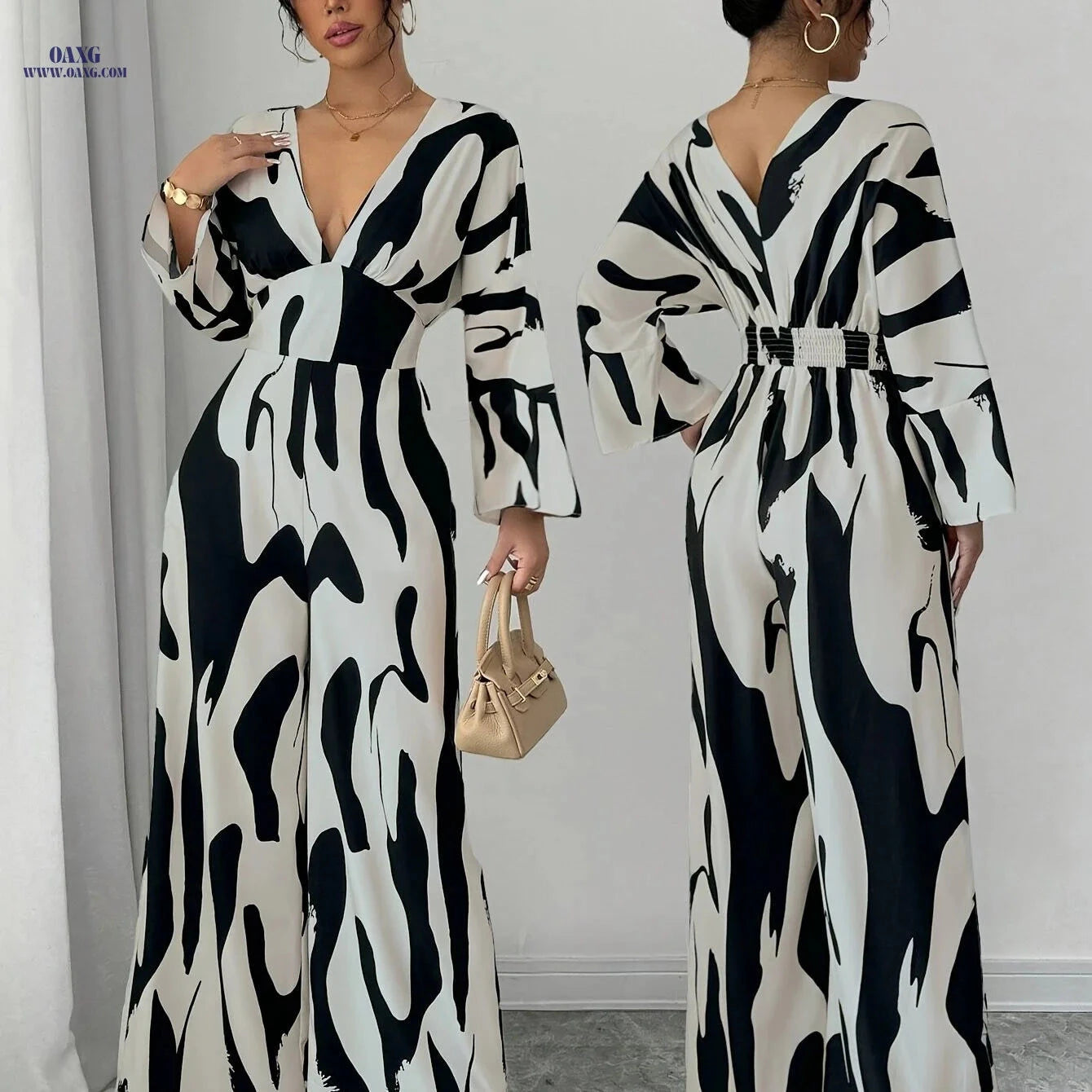 Elegant Women's Casual Jumpsuit - Black and White Print for Summer   OAXG Mixed colors / S