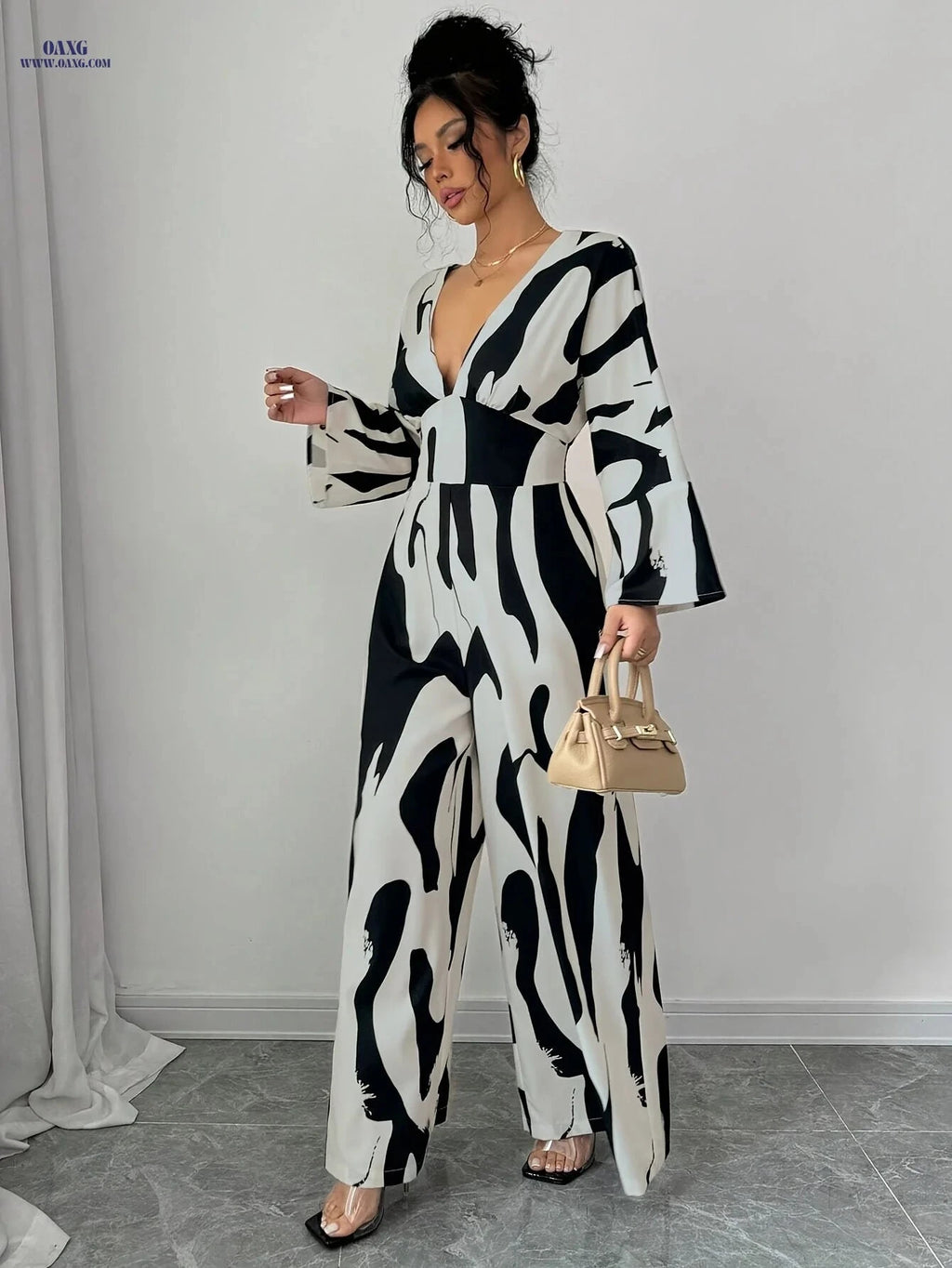 Elegant Women's Casual Jumpsuit - Black and White Print for Summer   OAXG Mixed colors / S
