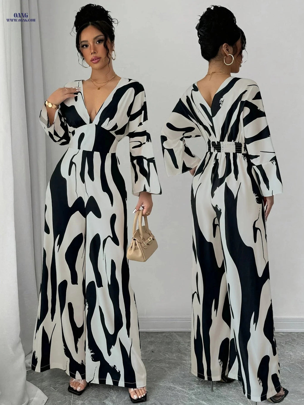 Elegant Women's Casual Jumpsuit - Black and White Print for Summer   OAXG 