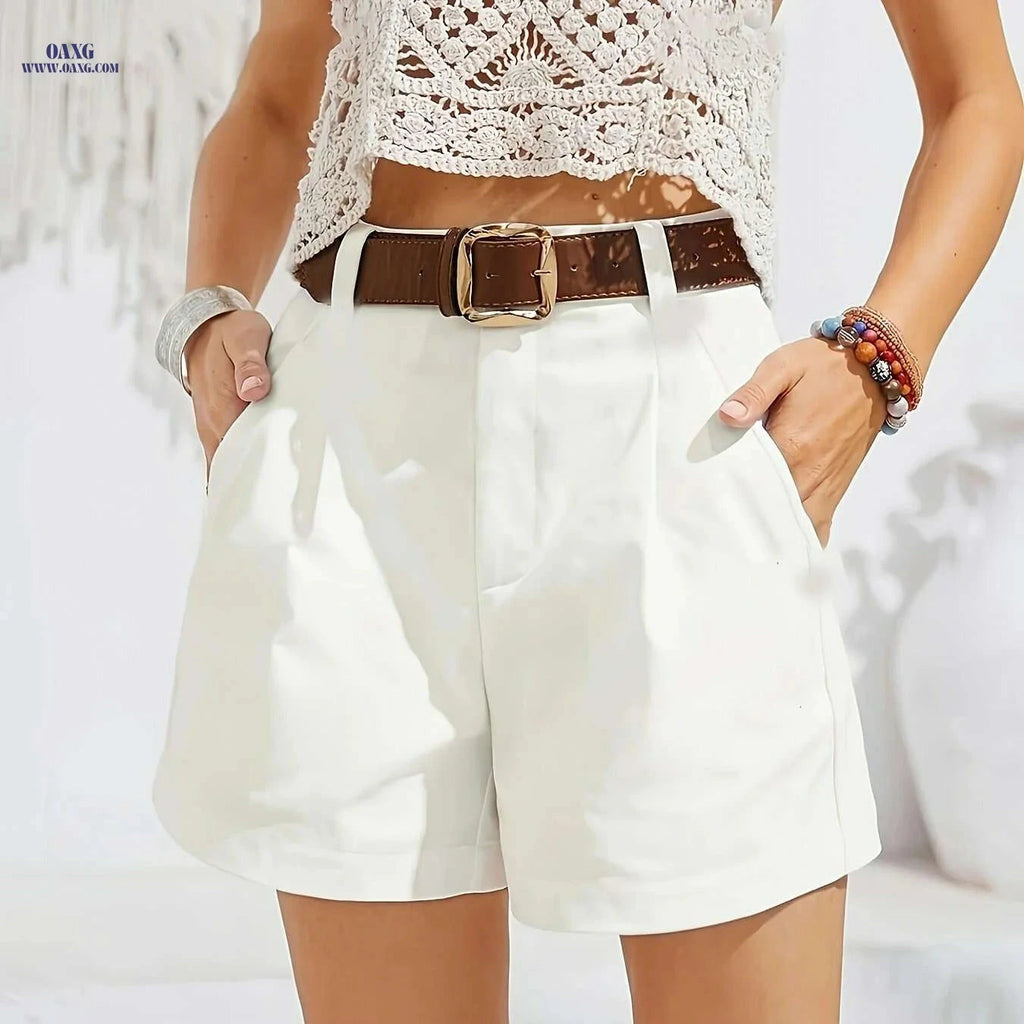 Elegant Women's Casual Pocketed Shorts - Solid Color, Regular Fit   OAXG 