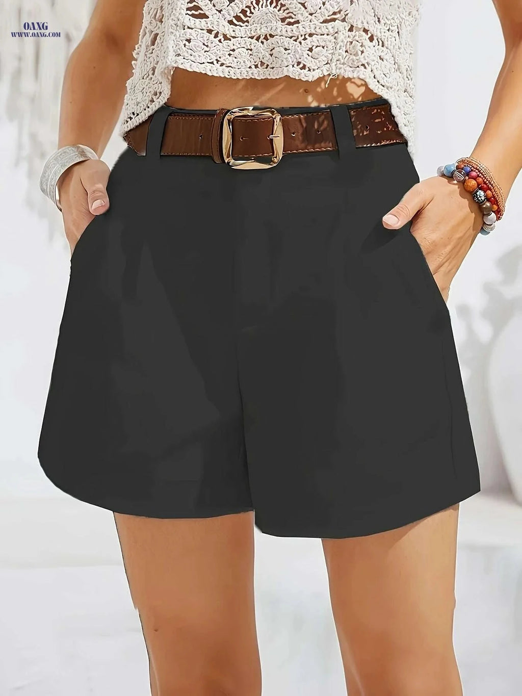 Elegant Women's Casual Pocketed Shorts - Solid Color, Regular Fit   OAXG 