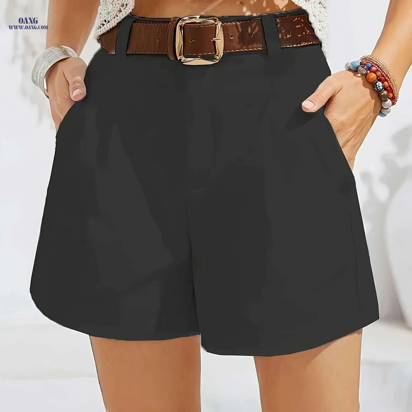 Elegant Women's Casual Pocketed Shorts - Solid Color, Regular Fit   OAXG 