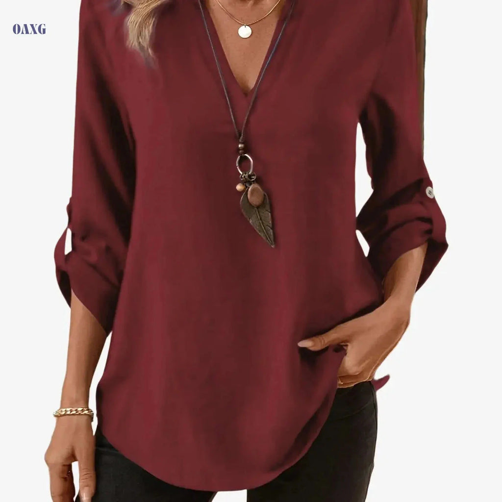 Elegant Women's Casual Short-Sleeve Shirt - Solid Color for Spring/Summer   OAXG crimson / S