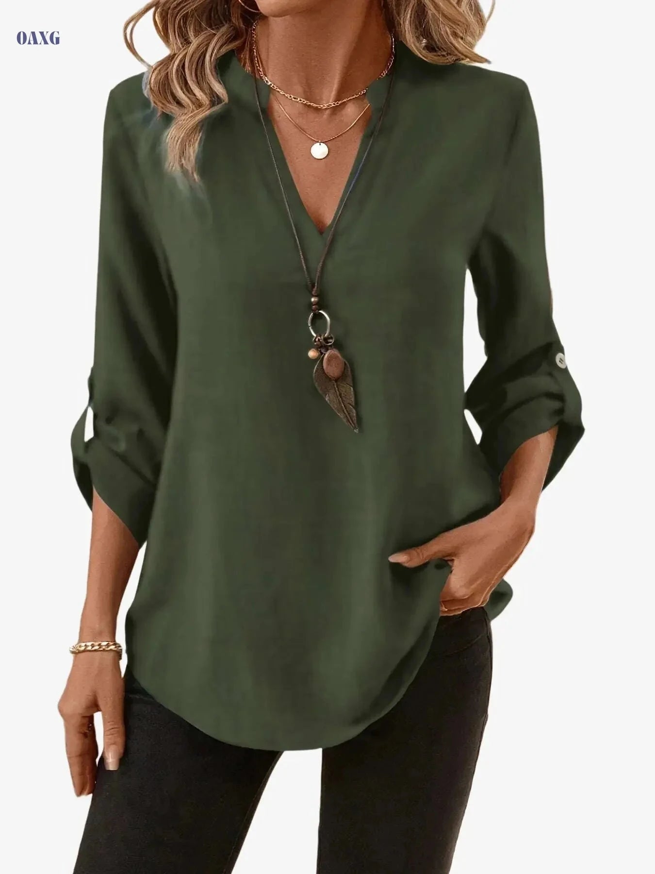Elegant Women's Casual Short-Sleeve Shirt - Solid Color for Spring/Summer   OAXG 
