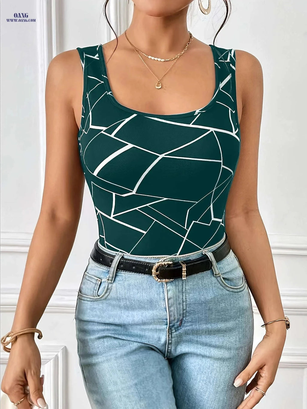 Elegant Women's Casual Tank Top - Allover Print Crew Neck   OAXG 