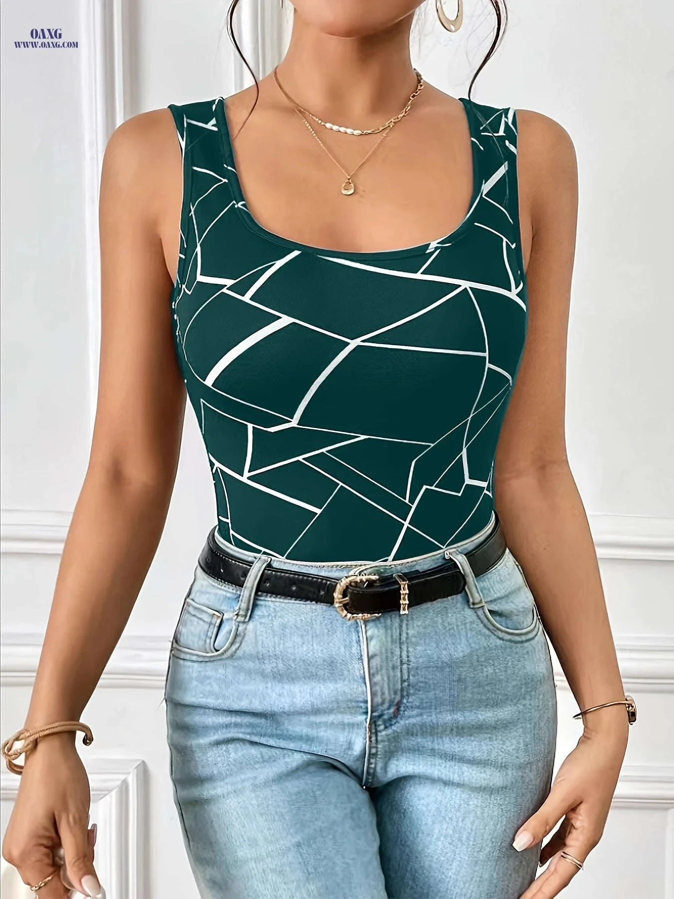 Elegant Women's Casual Tank Top - Allover Print Crew Neck   OAXG 