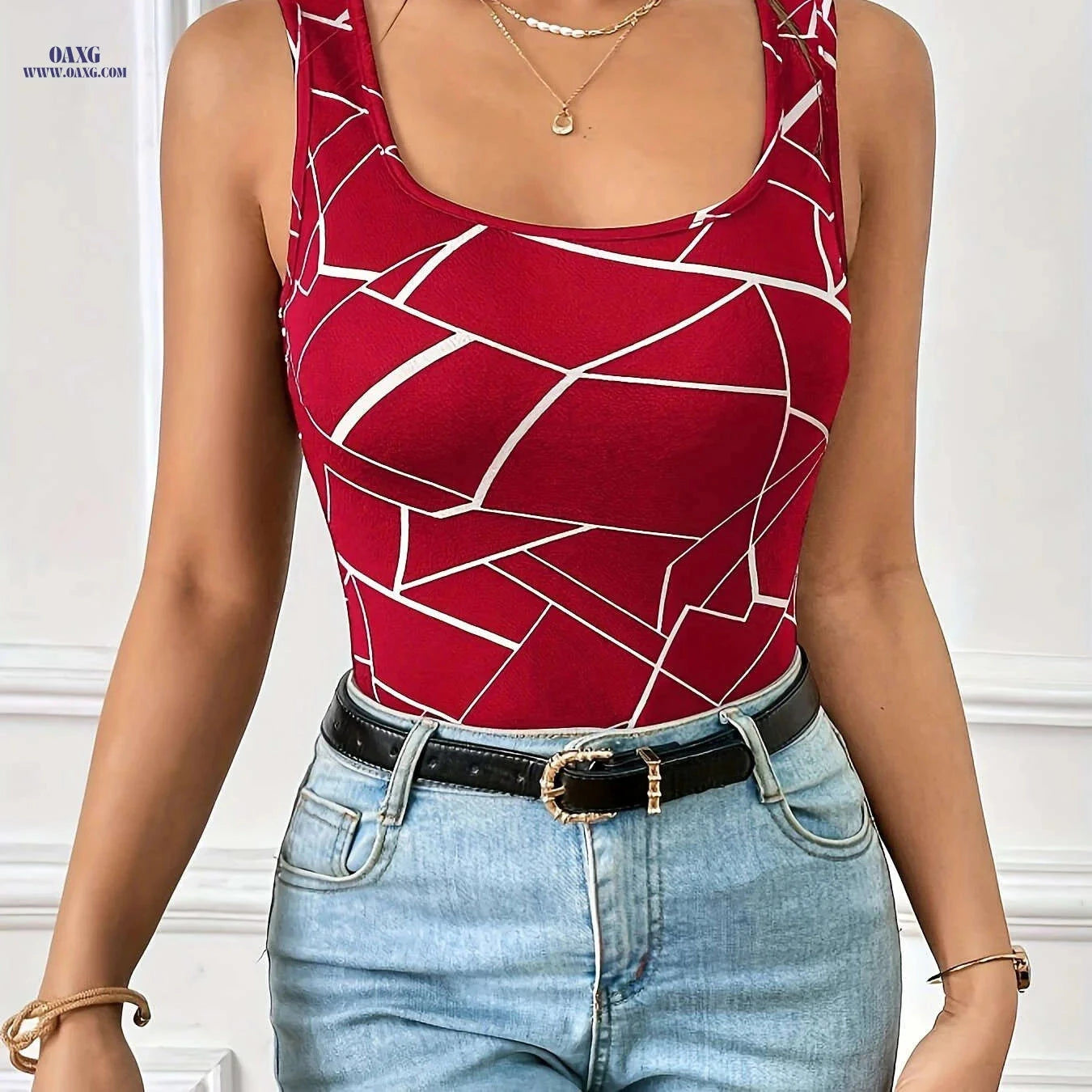 Elegant Women's Casual Tank Top - Allover Print Crew Neck   OAXG Black / M