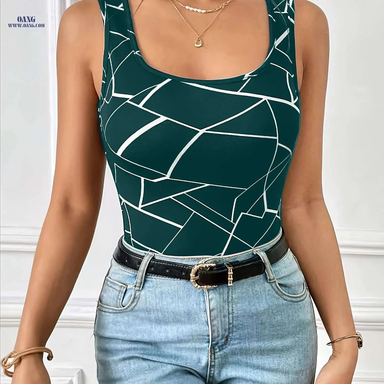 Elegant Women's Casual Tank Top - Allover Print Crew Neck   OAXG Black / M