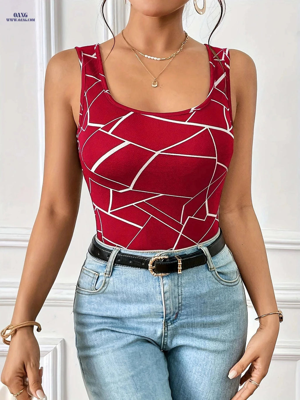 Elegant Women's Casual Tank Top - Allover Print Crew Neck   OAXG 