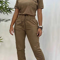 Elegant Women's Casual Two-Piece Set - Short Sleeve Top & Pants   OAXG Khaki / XS