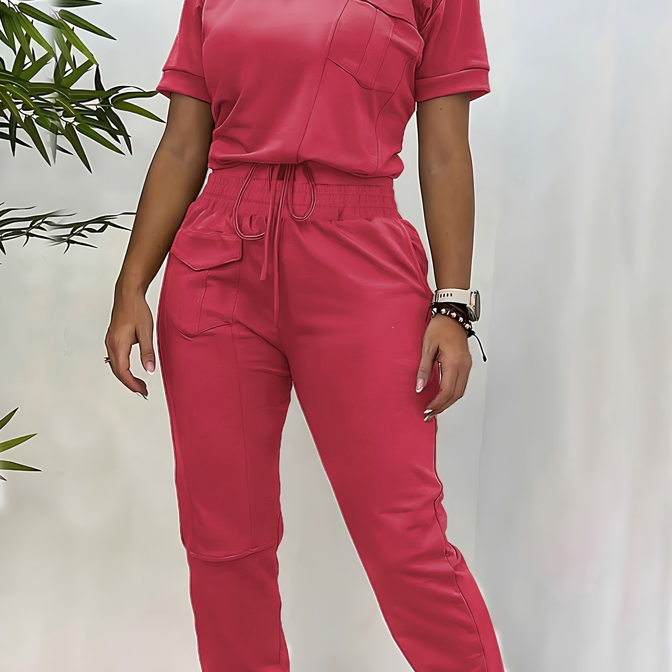 Elegant Women's Casual Two-Piece Set - Short Sleeve Top & Pants   OAXG Khaki / XS