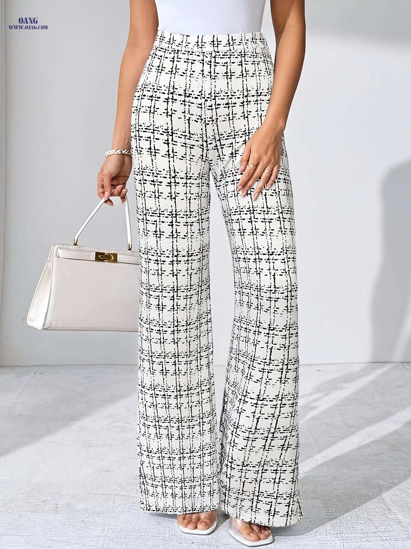 Elegant Women's Checkered Stretchy Pants - 2pcs for Summer Style   OAXG White+black / XS