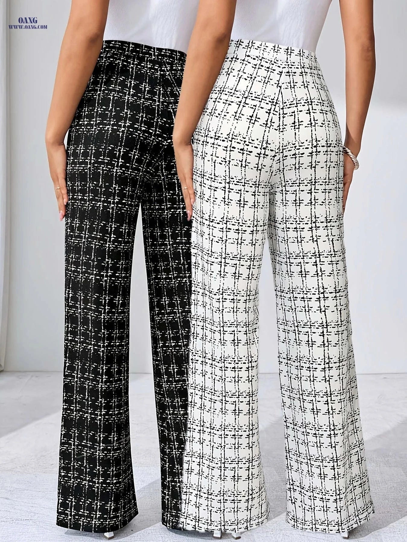 Elegant Women's Checkered Stretchy Pants - 2pcs for Summer Style   OAXG White+black / XS