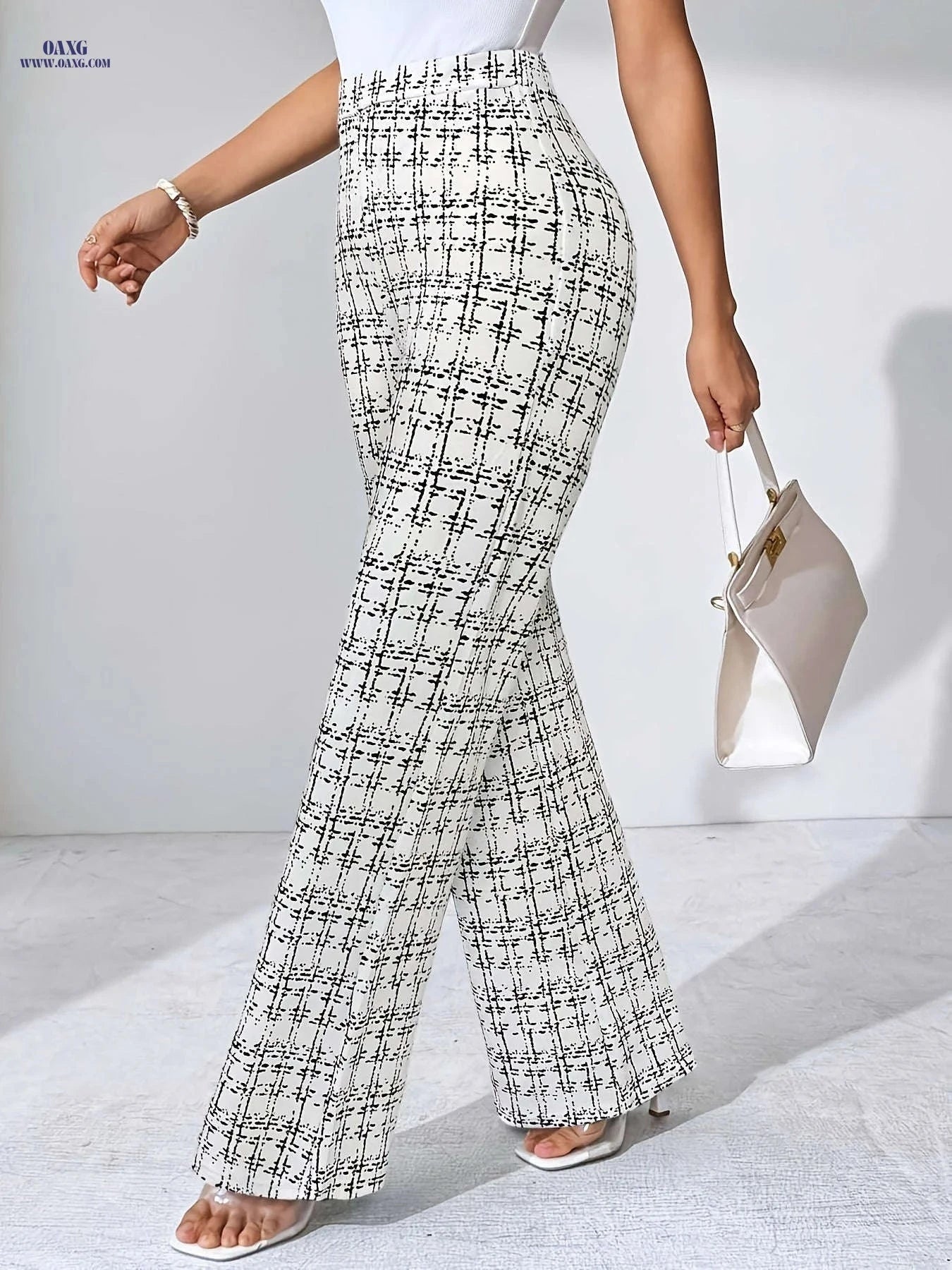 Elegant Women's Checkered Stretchy Pants - 2pcs for Summer Style   OAXG White+black / XS