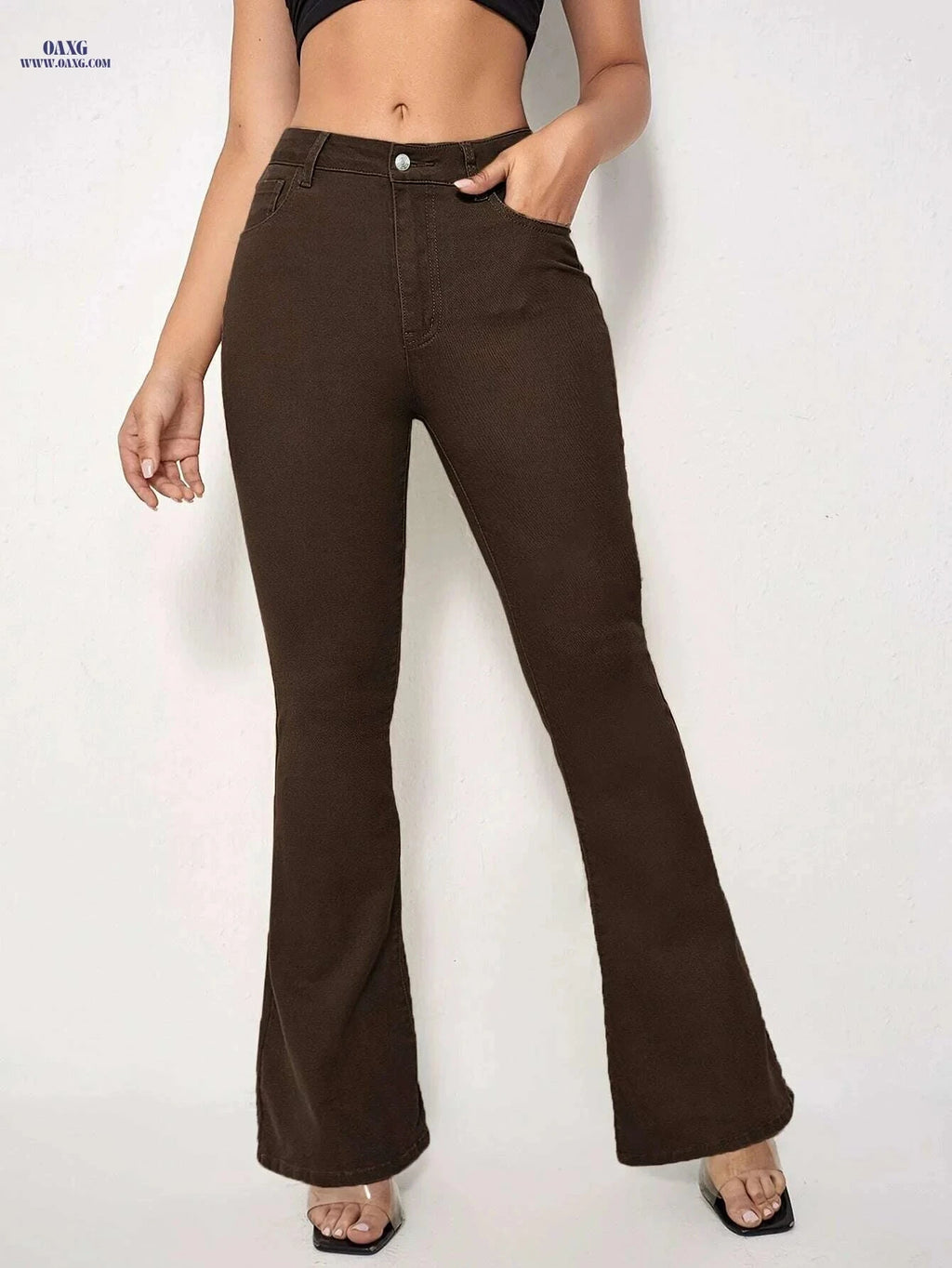 Elegant Women's Coffee Brown Flare Jeans - High Waist, Slim Fit   OAXG Coffee color / XS