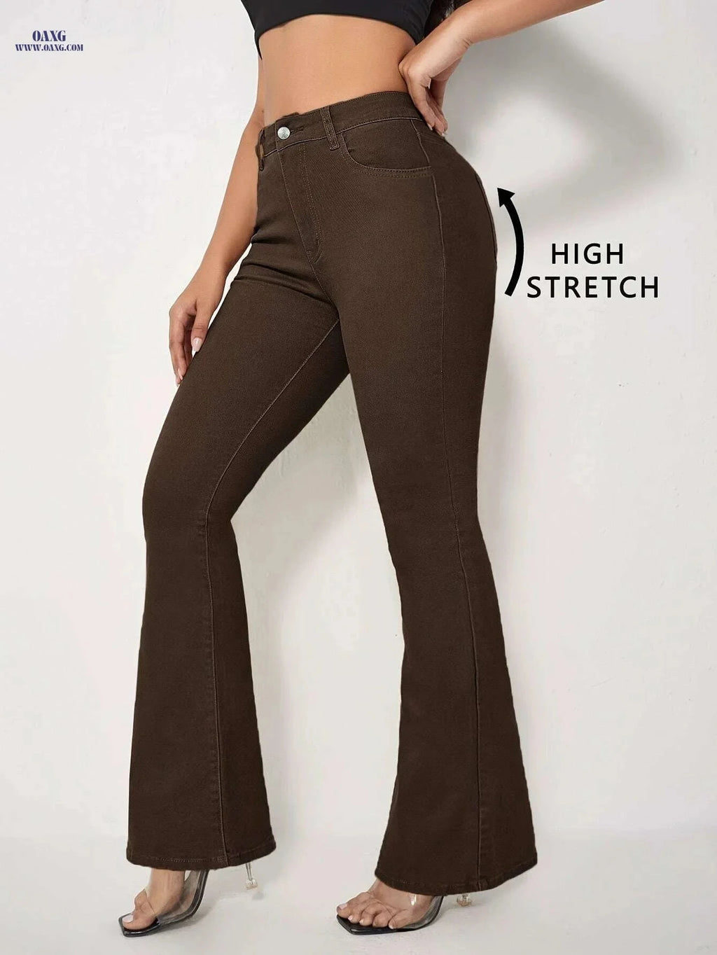 Elegant Women's Coffee Brown Flare Jeans - High Waist, Slim Fit   OAXG Coffee color / XS