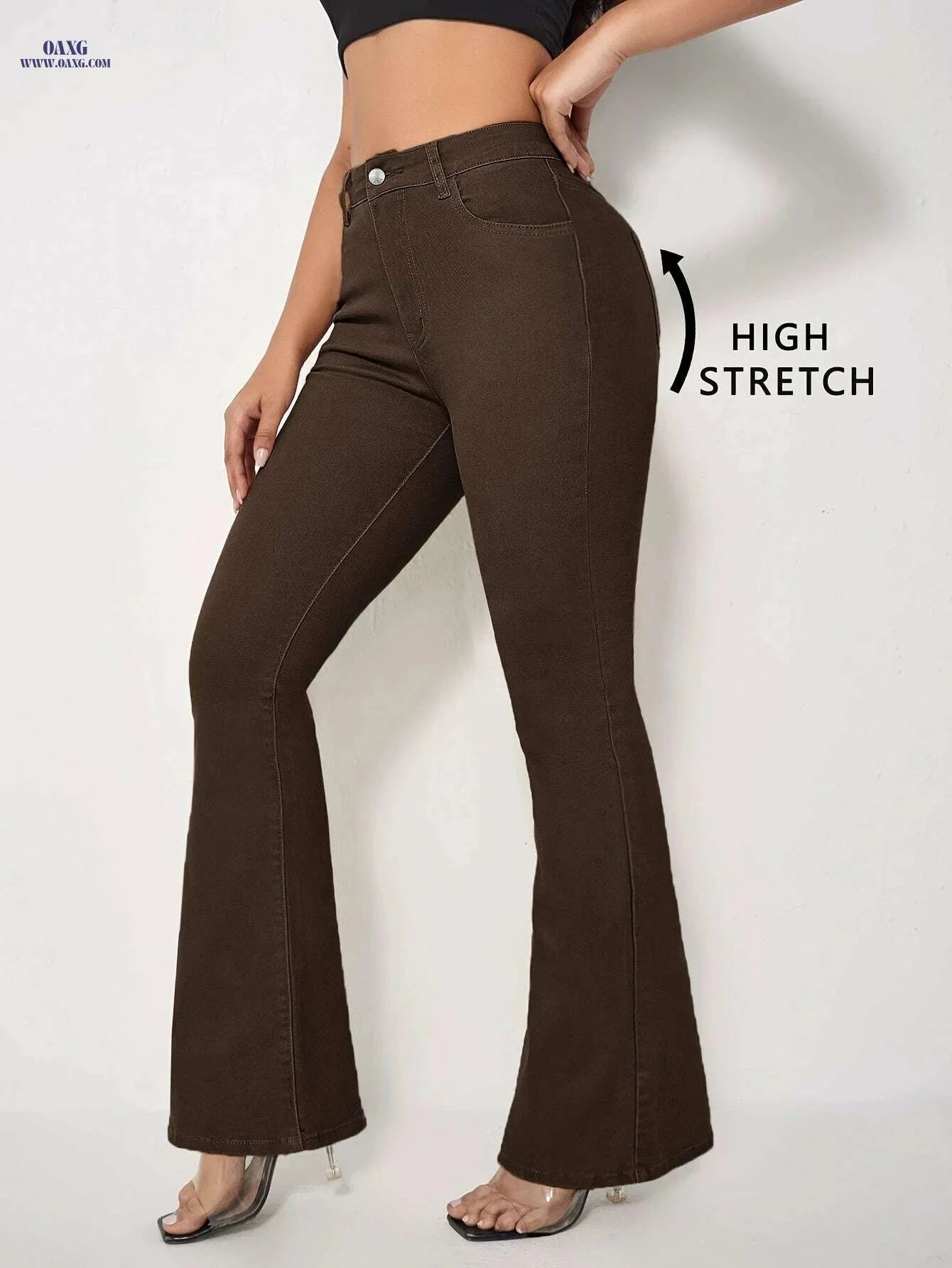 Elegant Women's Coffee Brown Flare Jeans - High Waist, Slim Fit   OAXG Coffee color / XS