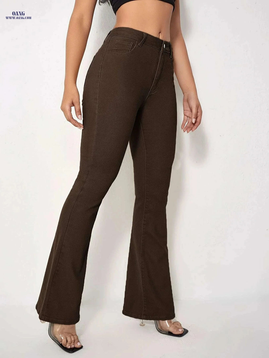 Elegant Women's Coffee Brown Flare Jeans - High Waist, Slim Fit   OAXG Coffee color / XS