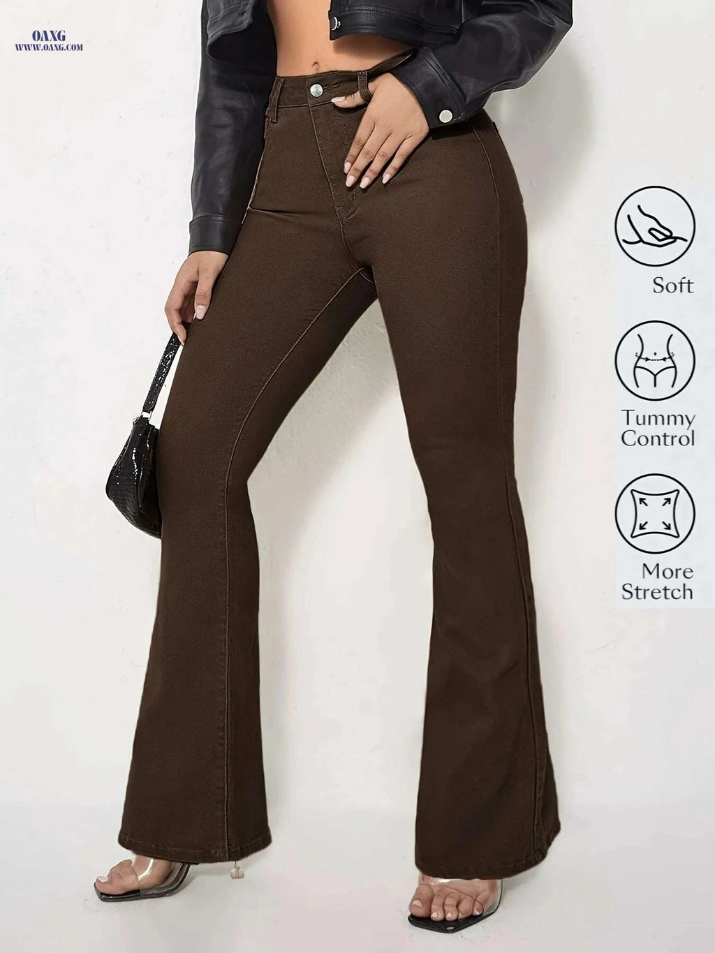 Elegant Women's Coffee Brown Flare Jeans - High Waist, Slim Fit   OAXG Coffee color / XS