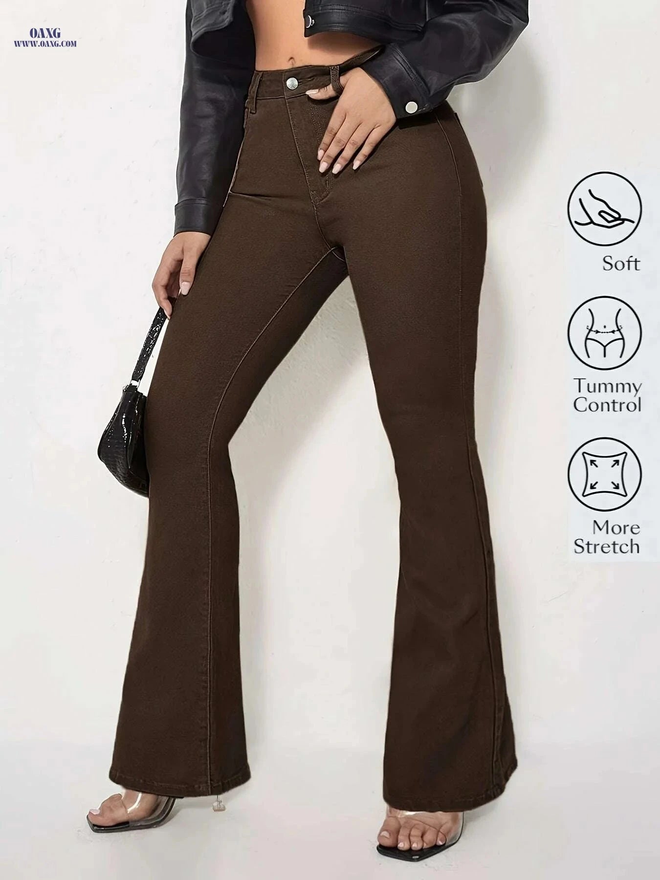 Elegant Women's Coffee Brown Flare Jeans - High Waist, Slim Fit   OAXG Coffee color / XS
