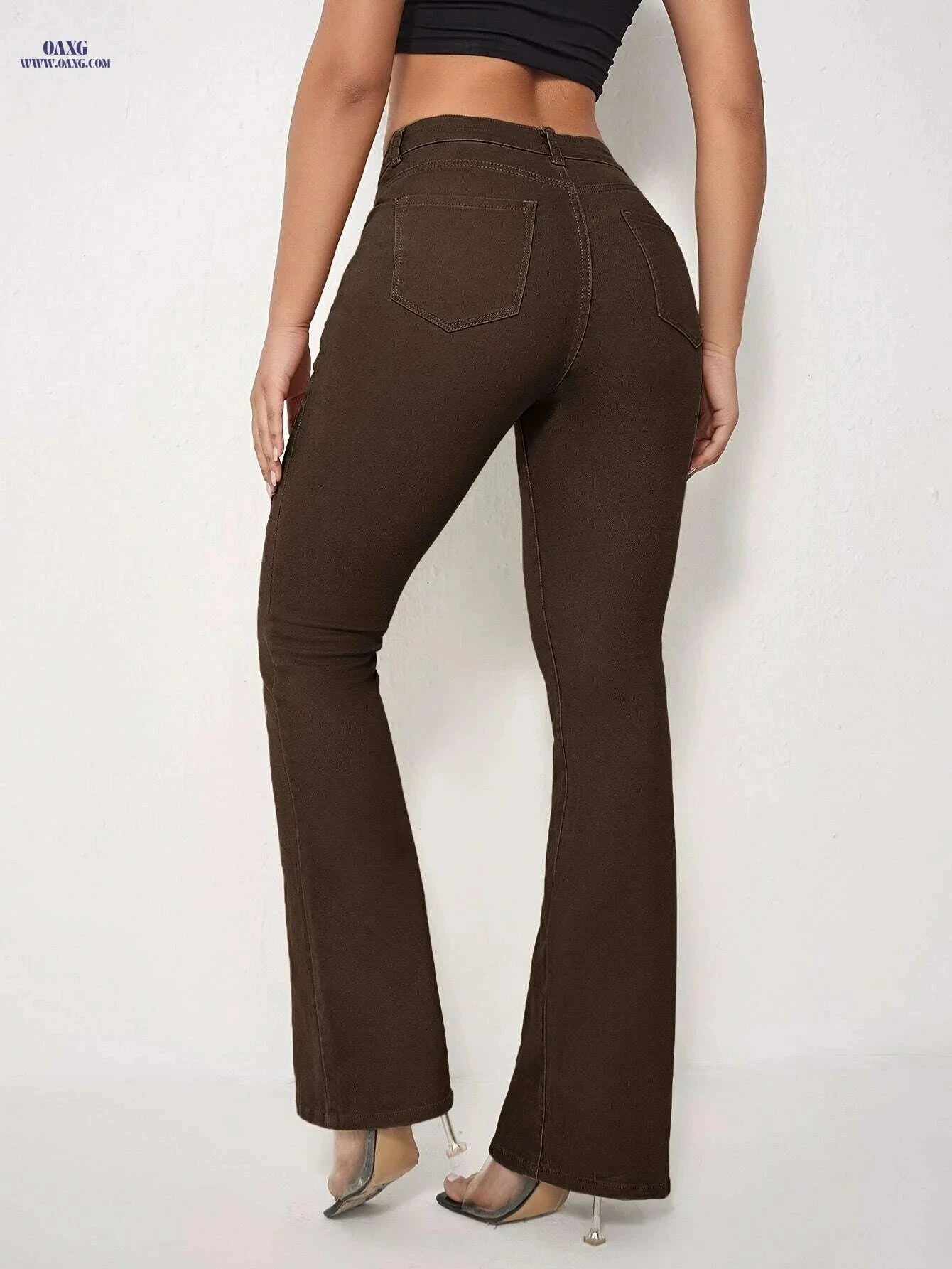 Elegant Women's Coffee Brown Flare Jeans - High Waist, Slim Fit   OAXG Coffee color / XS