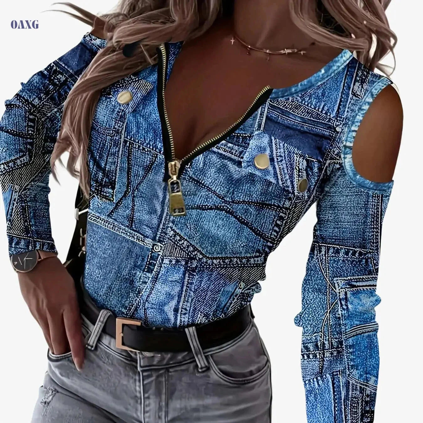 Elegant Women's Color Block Sequin T-Shirt - Zipper Detail Top   OAXG Multicolor / S