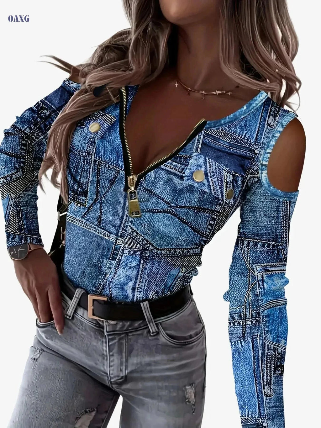 Elegant Women's Color Block Sequin T-Shirt - Zipper Detail Top   OAXG Multicolor / S
