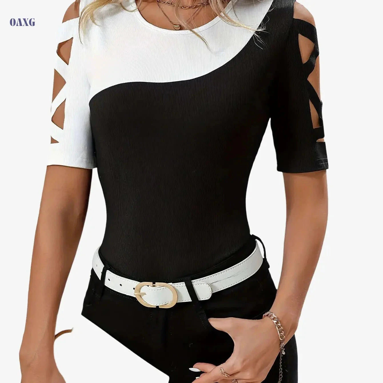 Elegant Women's Color Block T-Shirt - Breathable Cut-Out Shoulder Design   OAXG 