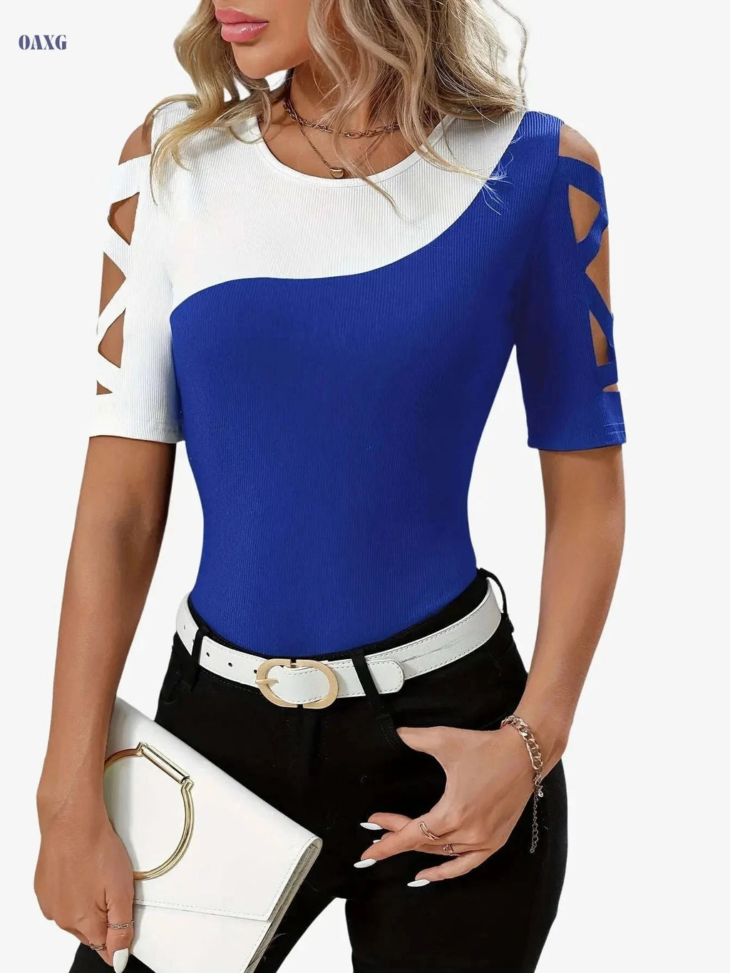 Elegant Women's Color Block T-Shirt - Breathable Cut-Out Shoulder Design   OAXG 