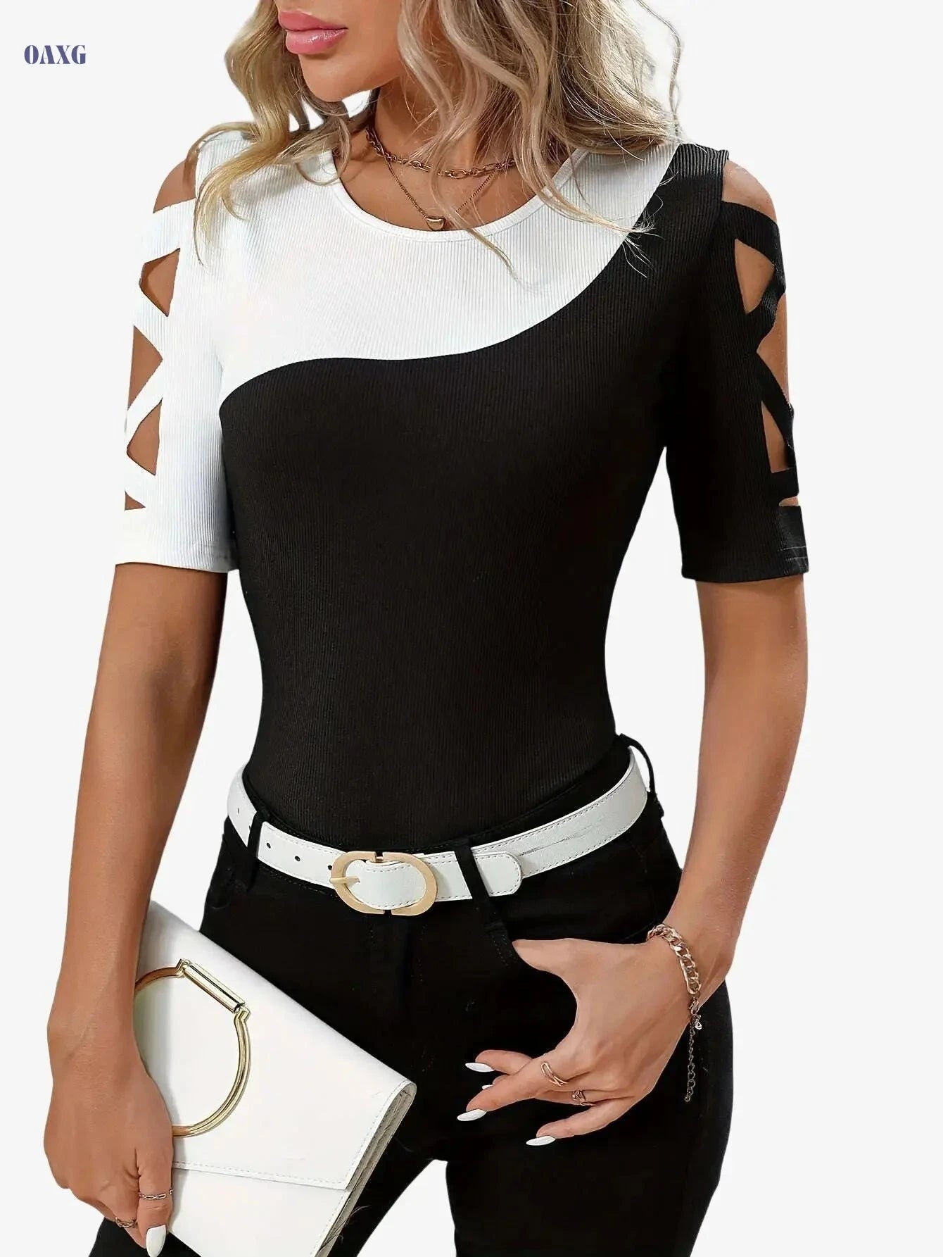 Elegant Women's Color Block T-Shirt - Breathable Cut-Out Shoulder Design   OAXG 