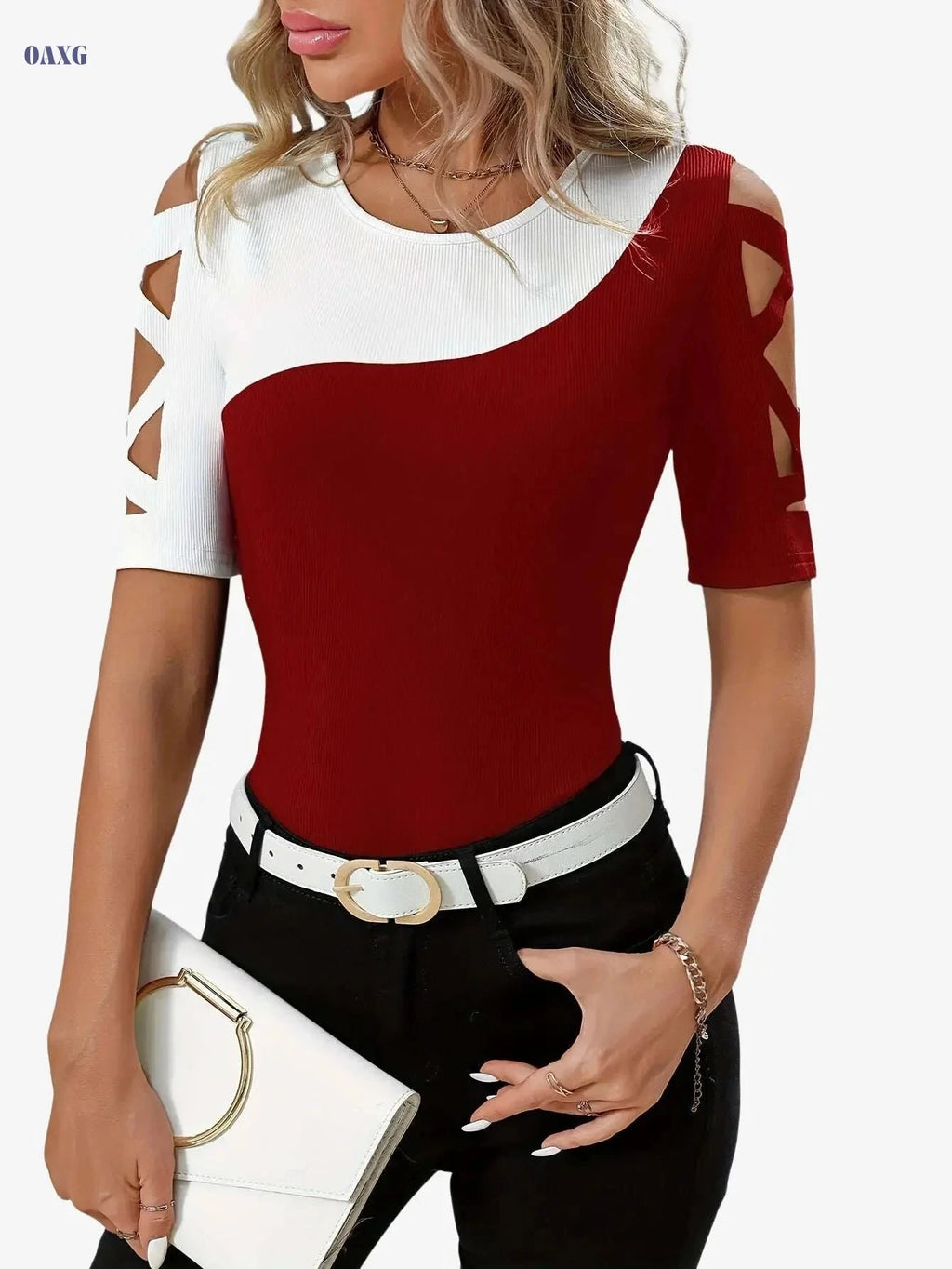 Elegant Women's Color Block T-Shirt - Breathable Cut-Out Shoulder Design   OAXG Black / S