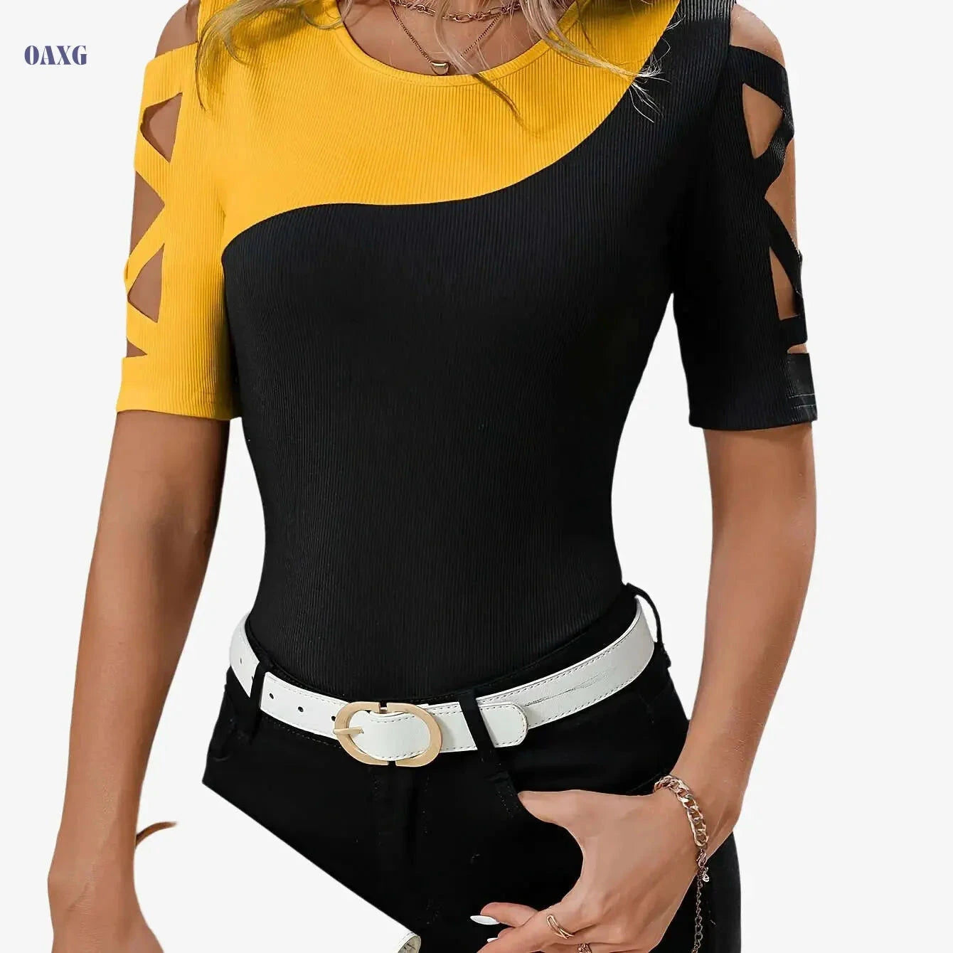 Elegant Women's Color Block T-Shirt - Breathable Cut-Out Shoulder Design   OAXG Black / S