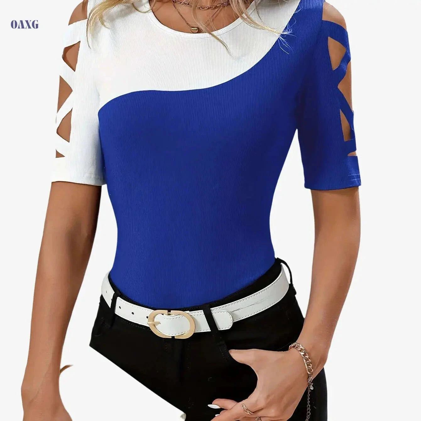 Elegant Women's Color Block T-Shirt - Breathable Cut-Out Shoulder Design   OAXG Black / S