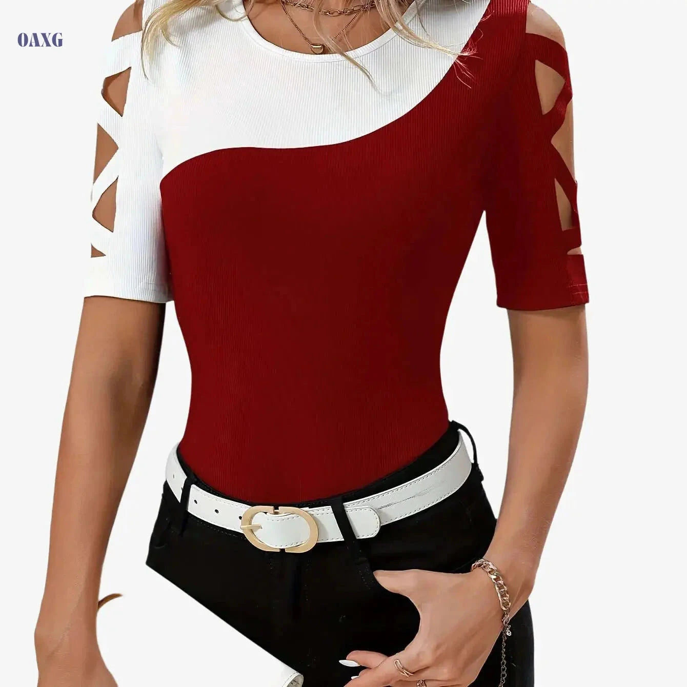Elegant Women's Color Block T-Shirt - Breathable Cut-Out Shoulder Design   OAXG 