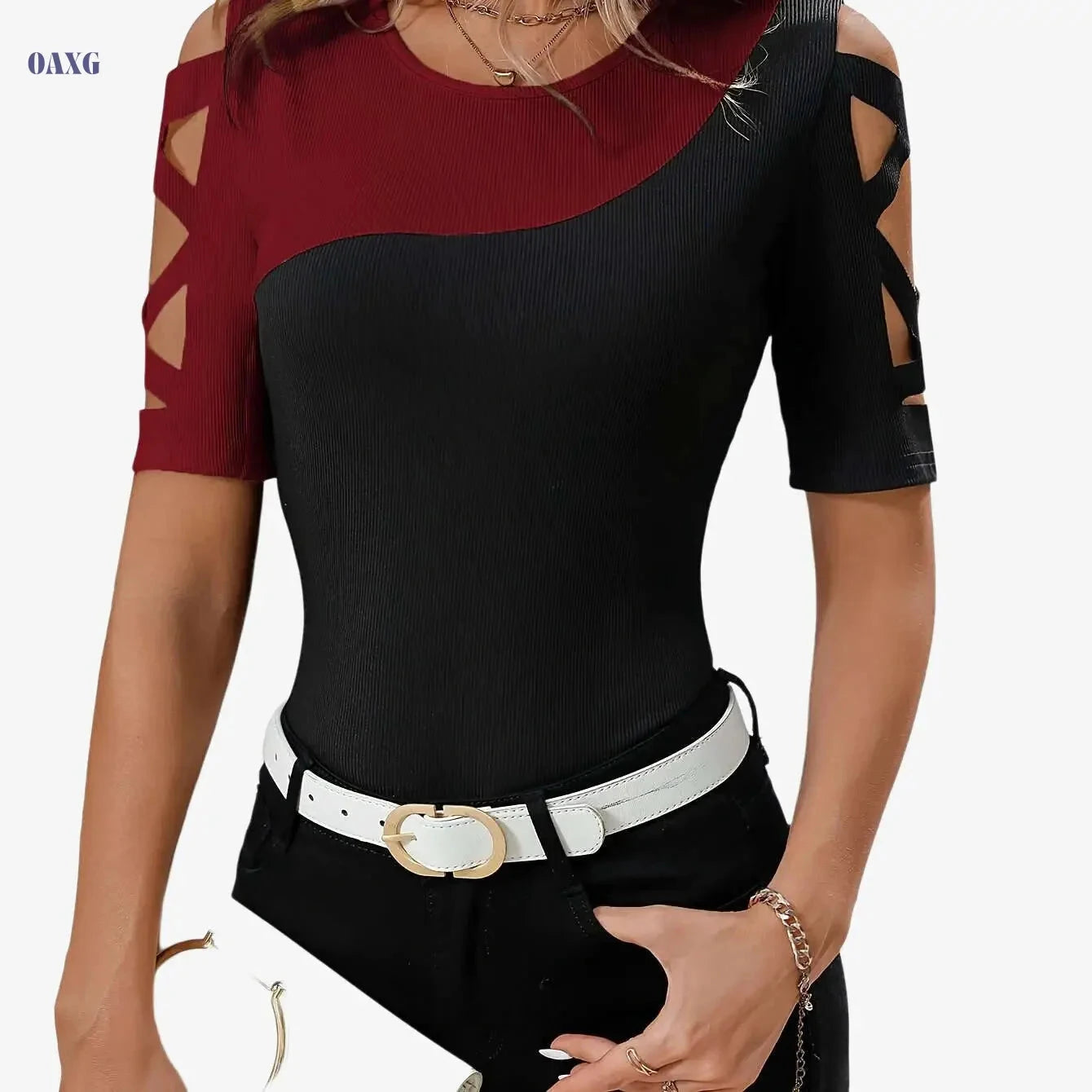 Elegant Women's Color Block T-Shirt - Breathable Cut-Out Shoulder Design   OAXG 