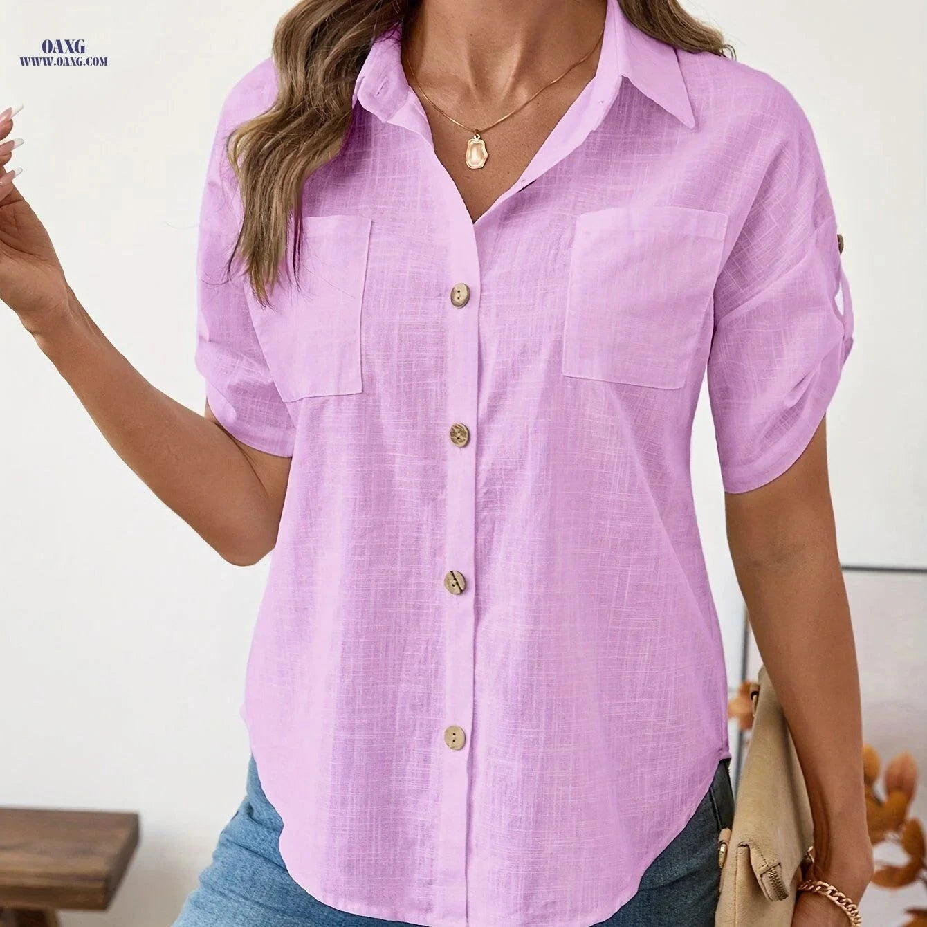 Elegant Women's Cotton Shirts with Two Pockets - Spring/Summer Style   OAXG Watermelon Red / S