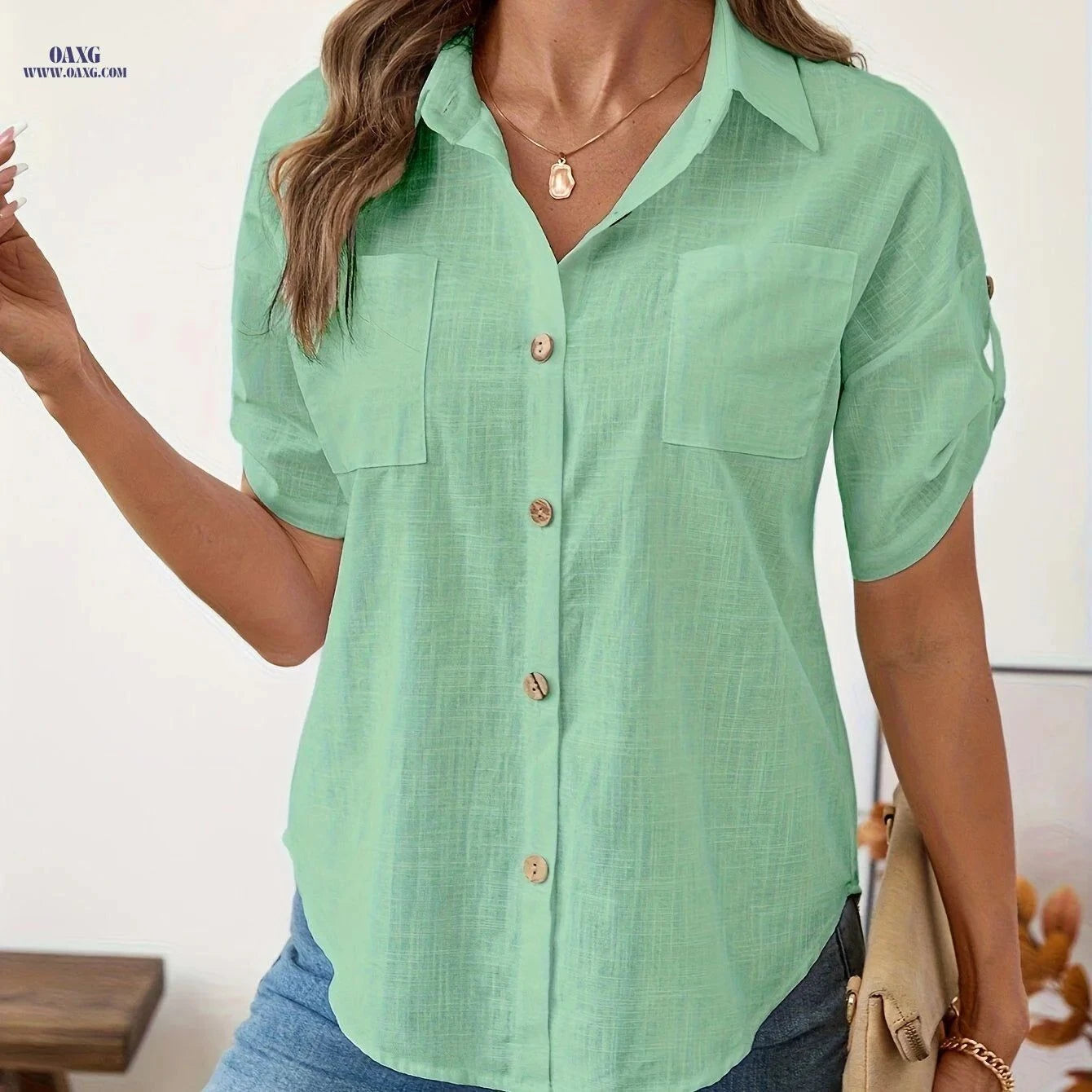 Elegant Women's Cotton Shirts with Two Pockets - Spring/Summer Style   OAXG Watermelon Red / S