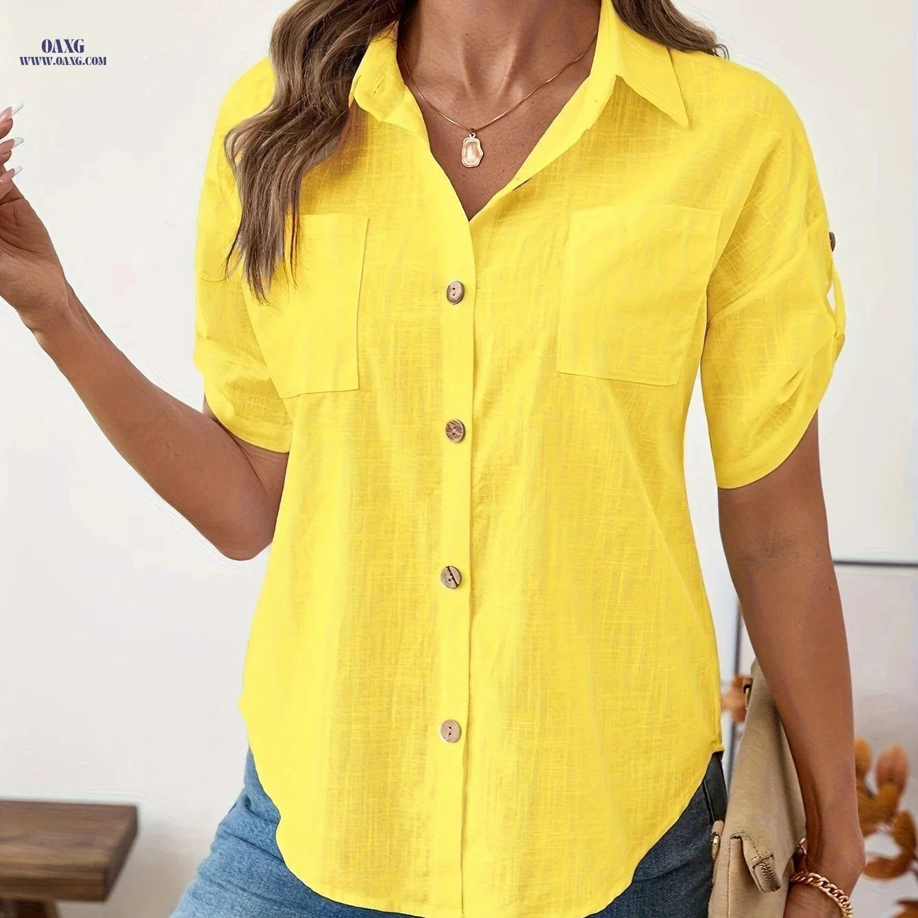 Elegant Women's Cotton Shirts with Two Pockets - Spring/Summer Style   OAXG Watermelon Red / S