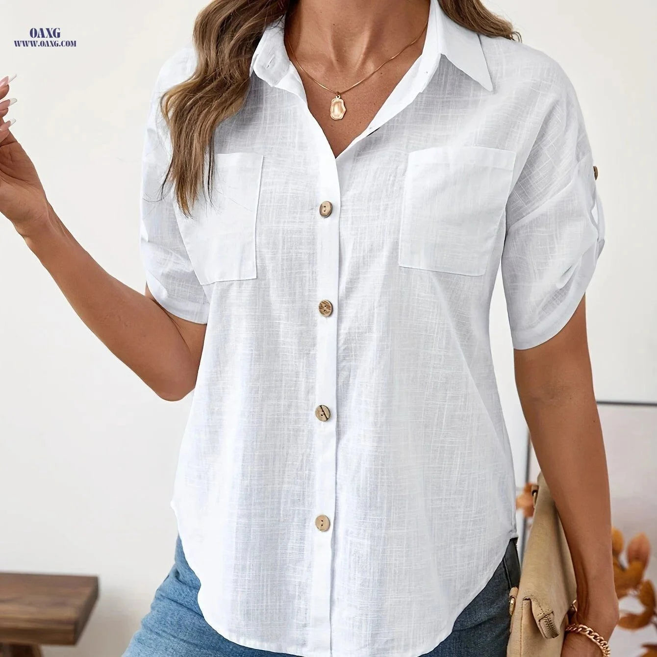 Elegant Women's Cotton Shirts with Two Pockets - Spring/Summer Style   OAXG Watermelon Red / S