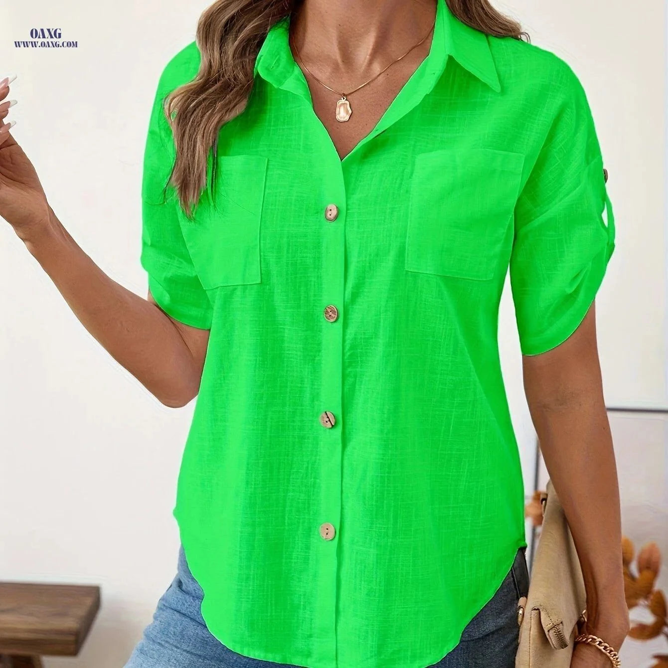 Elegant Women's Cotton Shirts with Two Pockets - Spring/Summer Style   OAXG Watermelon Red / S