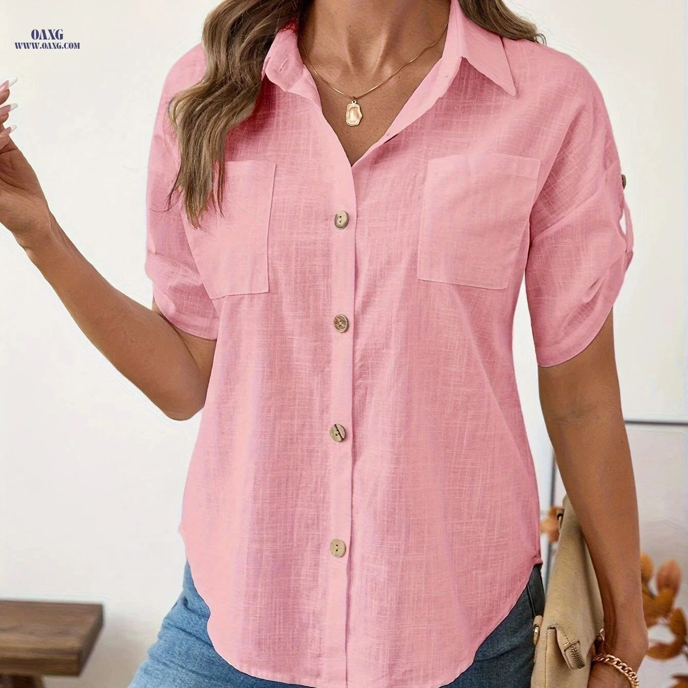 Elegant Women's Cotton Shirts with Two Pockets - Spring/Summer Style   OAXG Watermelon Red / S