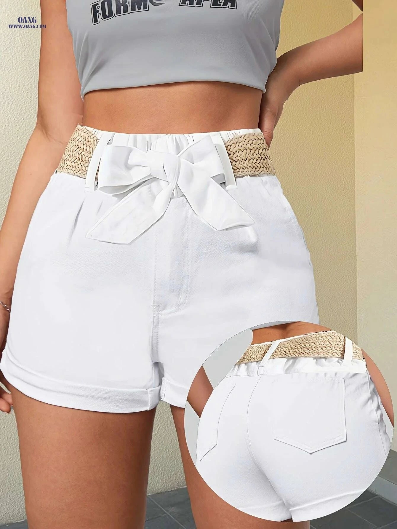 Elegant Women's Cotton Shorts with Non-Elastic Hemp Rope Belt   OAXG 